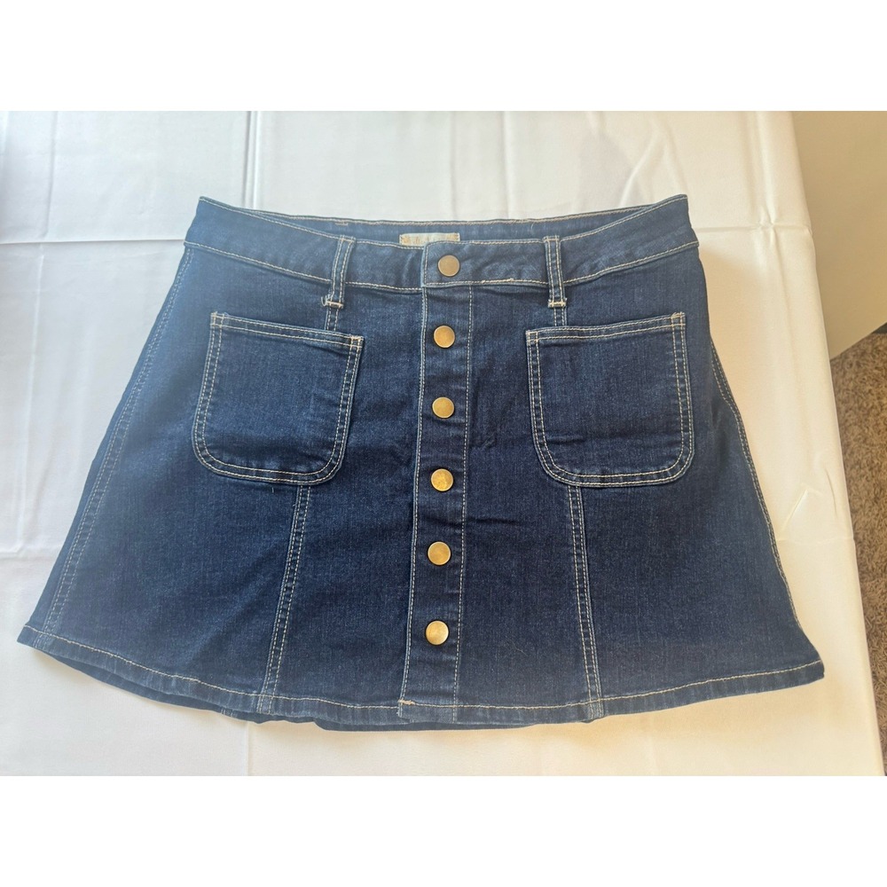 Altar'd State Denim Skirt M Dark Wash Snap Front A Line Patch Pockets 70s Boho